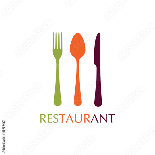 Spoon, fork and knife icons. Restaurant emblem template. Colorful vector illustration in flat style.