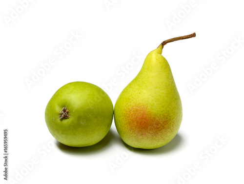 Two green pears on white background