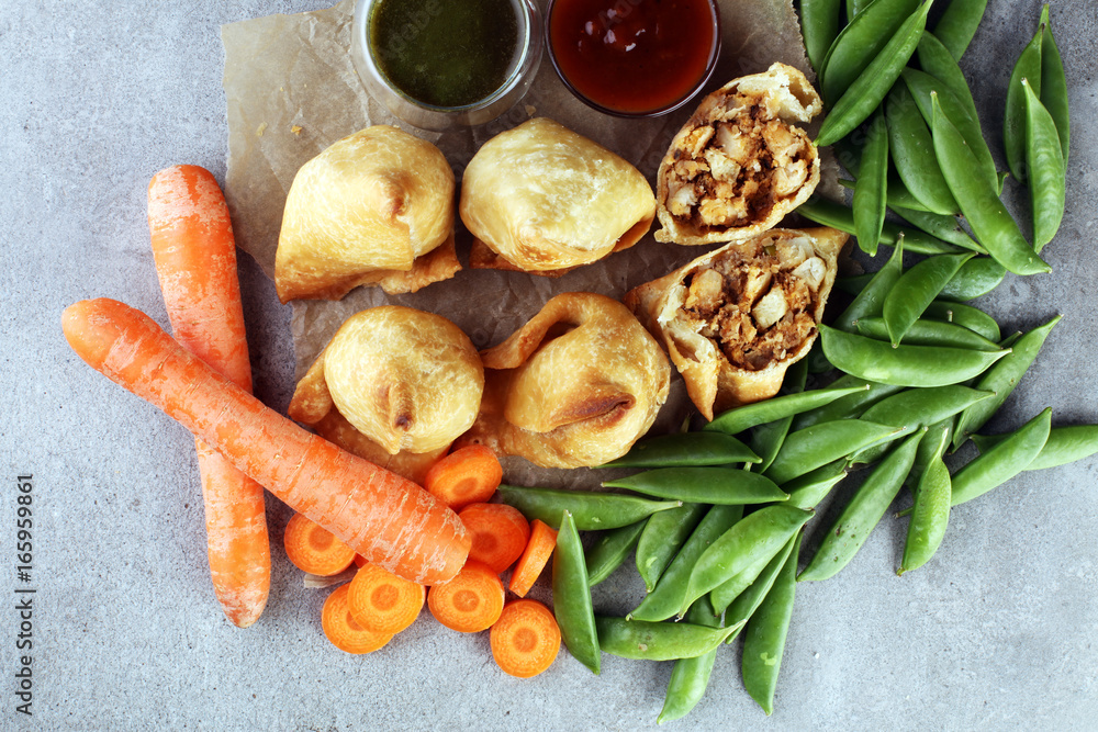 Indian special traditional street food punjabi samosa or Coxinha, Croquete and other Fried Brazilian Snacks Indian special traditional street food punjabi samosa or Coxinha, Croquete and other Fried Brazilian Snacks