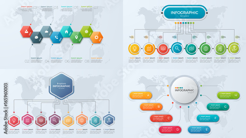 Set of presentation business infographic templates with 8 options.