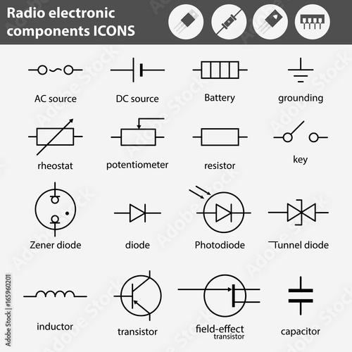Electronic and radio components vector icon set in flat style