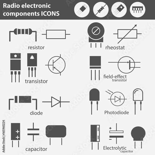 Electronic and radio components vector icon set in flat style