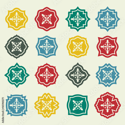 Ornamental pattern set. Badges with fleur de lis sign in flat style. Colorful vector illustration.