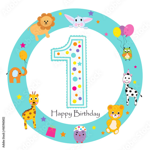 Happy first birthday candle and animals