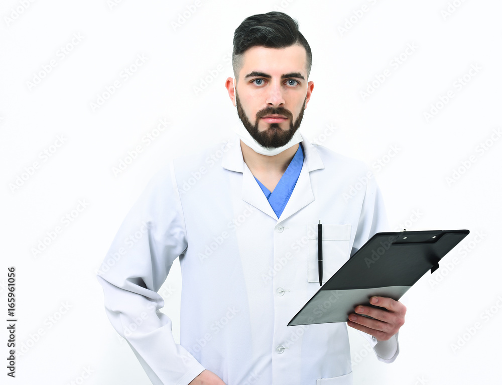 Doctor with beard holds clip folder for prescription