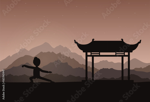 Girl performing qigong or taijiquan exercises in the evening. Woman practicing Tai Chi. Ancient chinese healthcare practice. Flat style. Vector illustration.