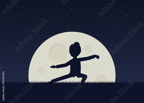 Girl performing qigong or taijiquan exercises in the evening. Woman practicing Tai Chi. Ancient chinese healthcare practice. Flat style. Vector illustration.