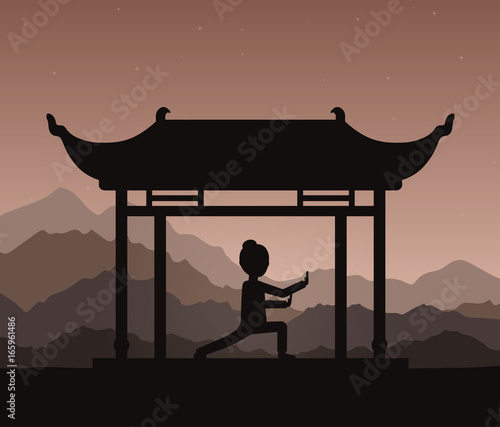 Girl performing qigong or taijiquan exercises in the evening. Woman practicing Tai Chi. Ancient chinese healthcare practice. Flat style. Vector illustration.