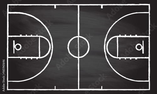 Basketball court isolated on blackboard texture with chalk rubbed background. Vector illustration.