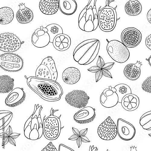 Seamless hand drawn pattern with tropical exotic fruits. Vector coloring page for adults