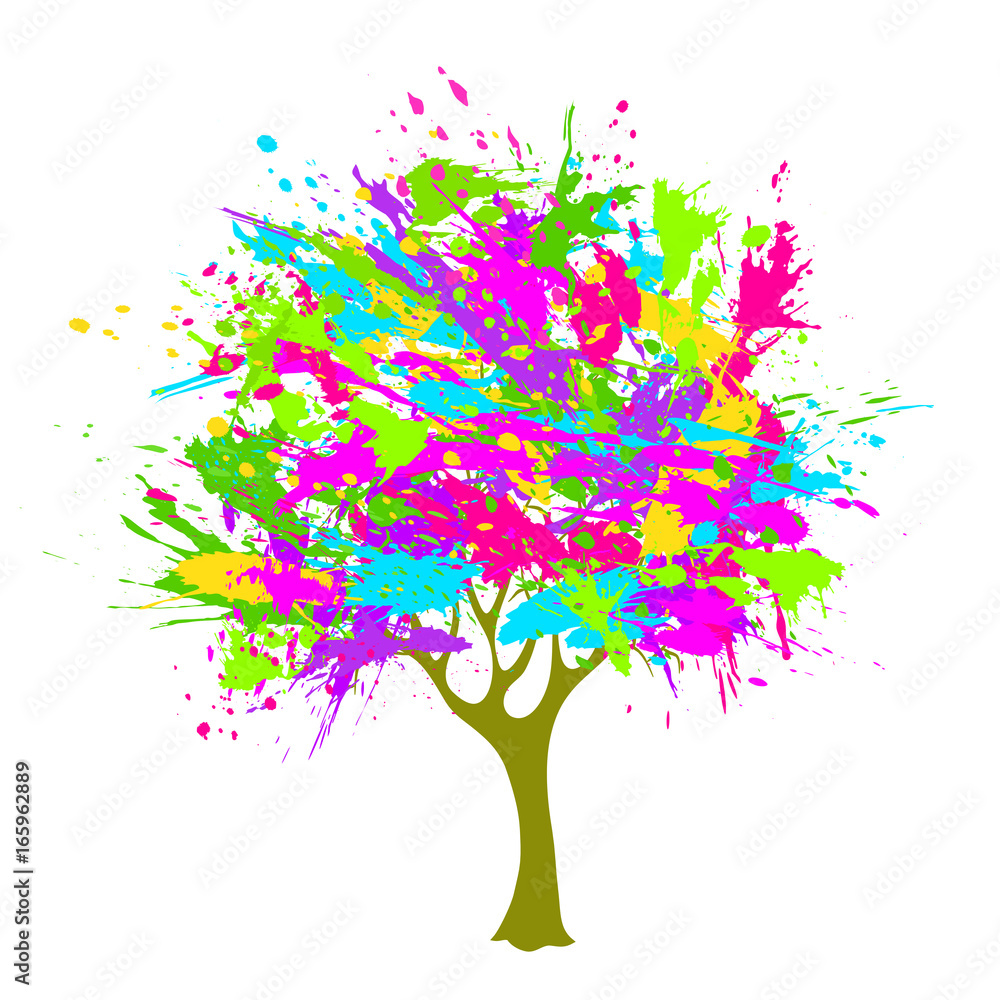 Fototapeta premium Tree and paint blot, splashes, drops 