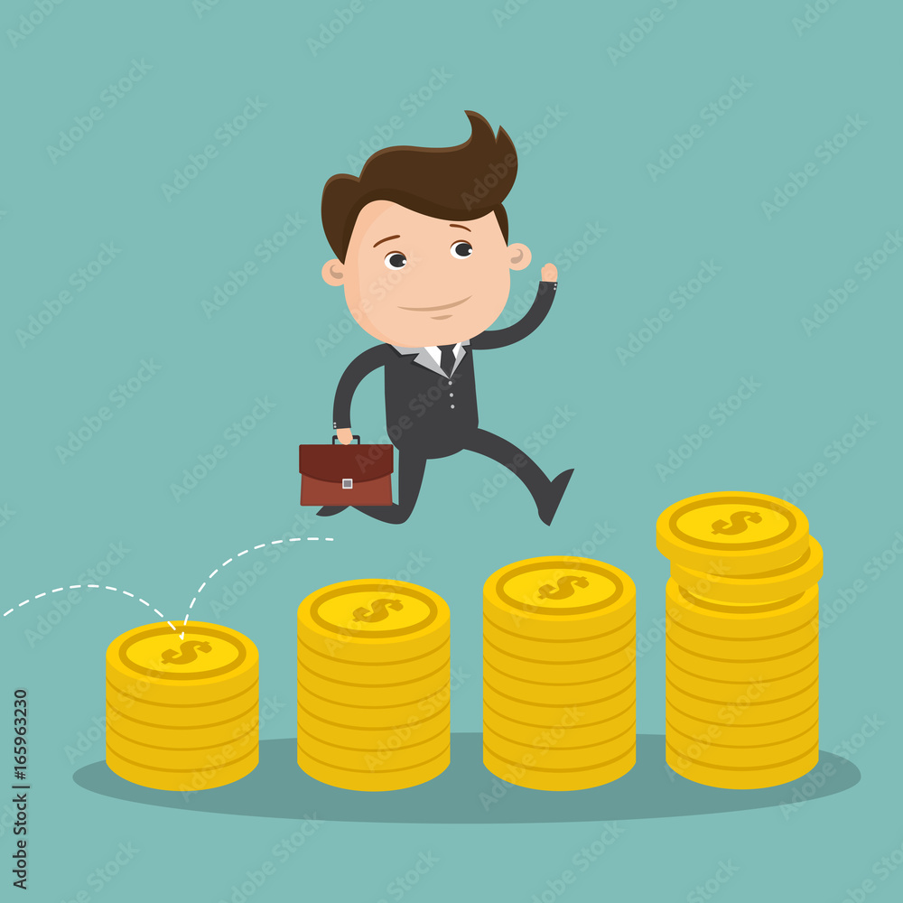 Businessman jumping on a pile of coins. Man jump from a small pile of money to big pile of coins. Illustration about success in financial goals. Vector illustration. Businessman jumping on a pile of coins. Man jump from a small pile of money to big pile of coins. Illustration about success in financial goals. Vector illustration.
