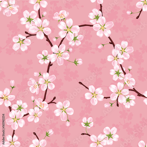 Бесшовный векторный узор из цветущих яблоневых веток на розовом фоне