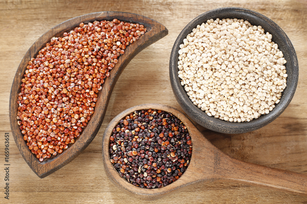Seeds of white, red and black quinoa - Chenopodium quinoa Seeds of white, red and black quinoa - Chenopodium quinoa