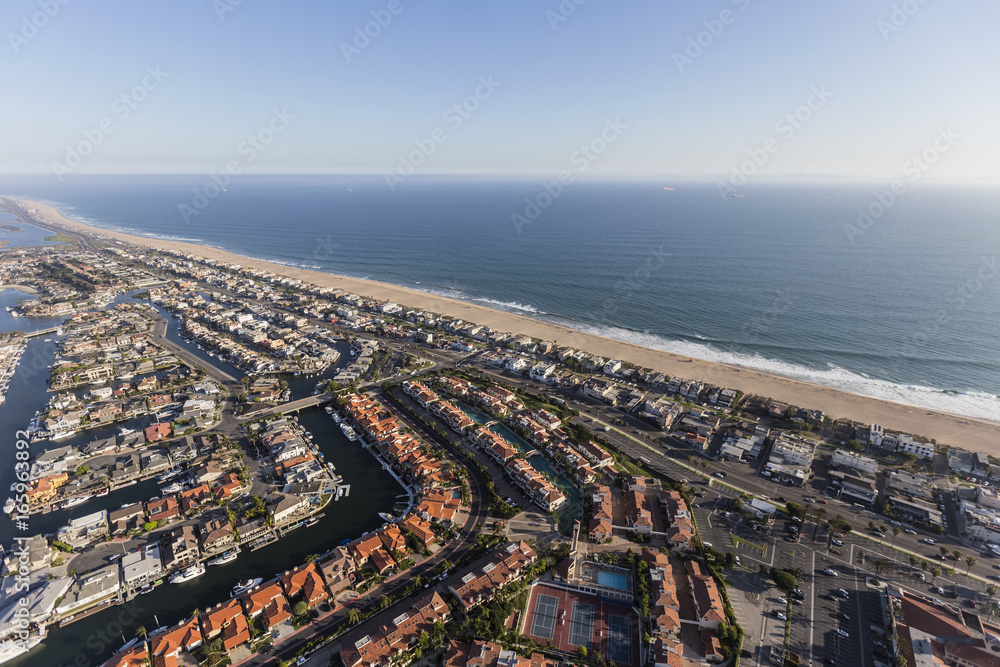 Aerial of Sunset Beach waterfront neighborhood in Orange County, California.  