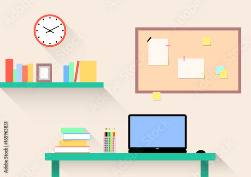 Workplace in light and bright colors, home office for designer, student, creative people, study room with table, laptop and bookshelf. Infographics, vector illustration, flat style