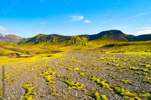 Green hills and black rocky ground of Icelandic Highlands along Laugavegur hiking trail, Iceland. Sunny summer day shot.