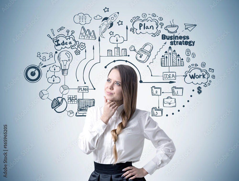 Pensive fair hair woman, business scheme Pensive fair hair woman, business scheme