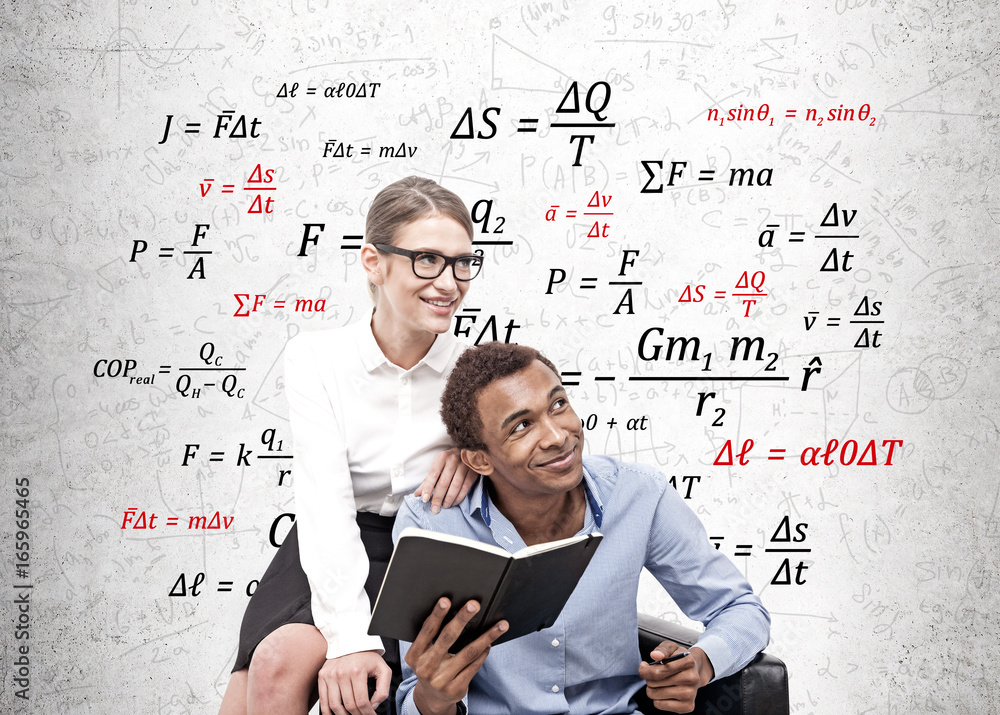 Fototapeta premium African man and blonde woman, physics formulas