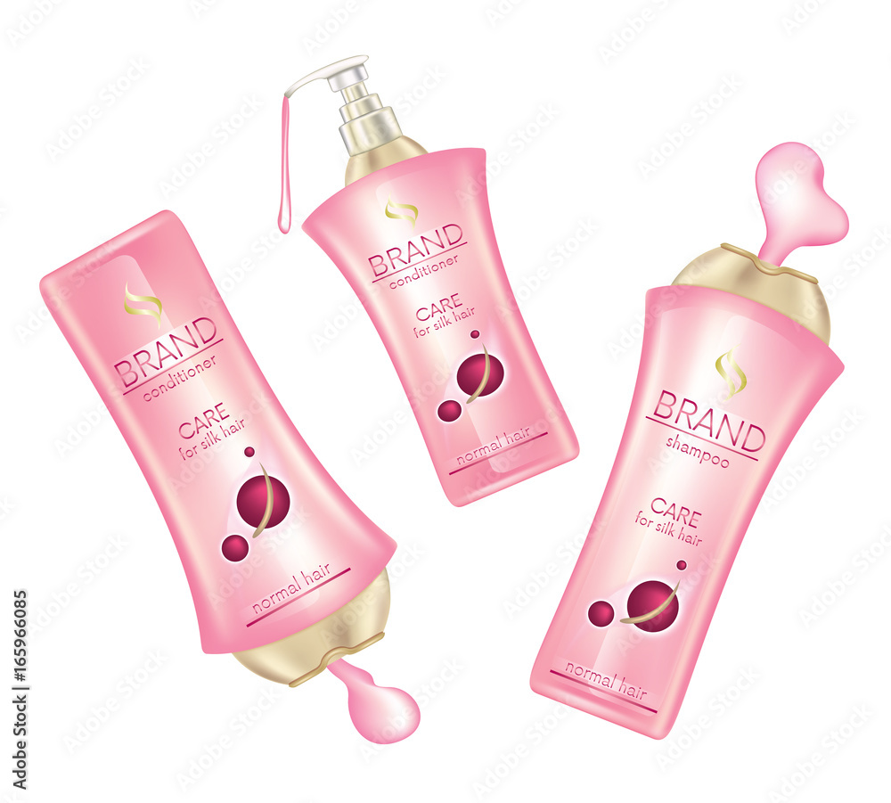 Beautiful realistic bottles of conditioner and hair shampoo. Packaging design. Vector illustration. Liquid soap flowing out of the vials. Beautiful realistic bottles of conditioner and hair shampoo. Packaging design. Vector illustration. Liquid soap flowing out of the vials.