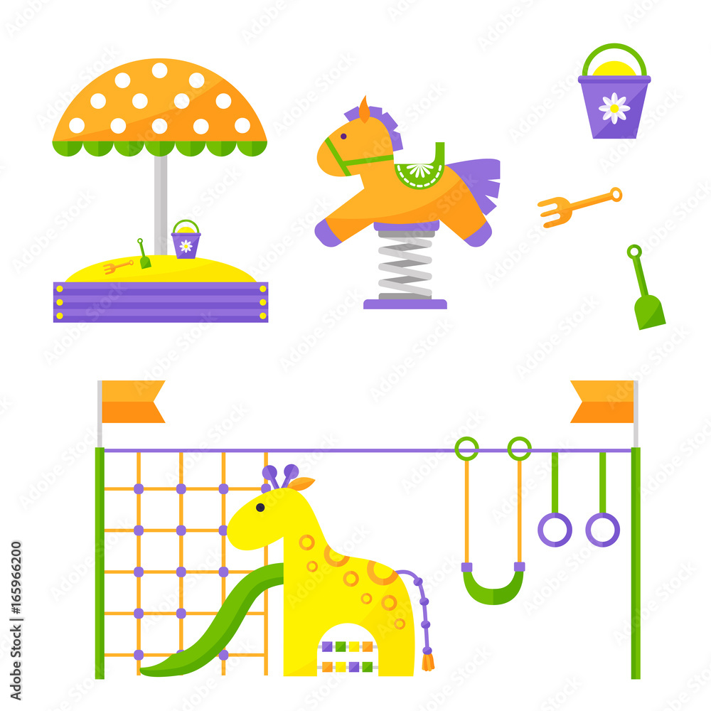 Obraz premium Children playground fun childhood play park activity place recreation swing equipment toy kindergarten amusement vector illustration
