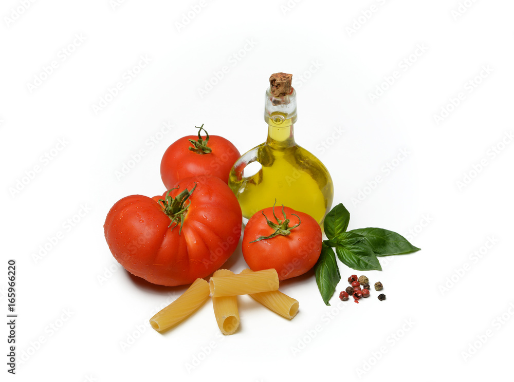 Pasta with tomato - ingredients - white background Pasta with tomato - ingredients - white background