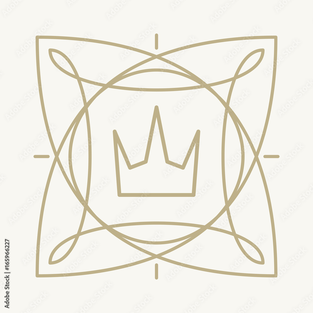 Abstract decor in gentle beige tones, mono line style, frame with crown for logo or other design. Vector illustration. Abstract decor in gentle beige tones, mono line style, frame with crown for logo or other design. Vector illustration.