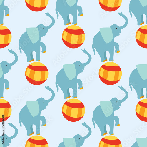 Circus funny performance elephant animal vector seamless pattern cheerful zoo entertainment juggler magician performer carnival illustration.