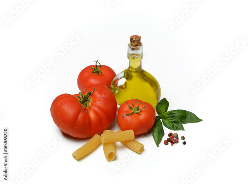 Pasta with tomato - ingredients - white background