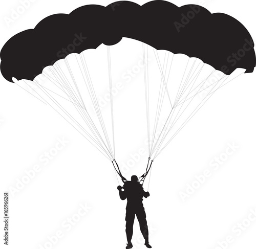 Skydiver, parachute man silhouette, black and white vector illustration.