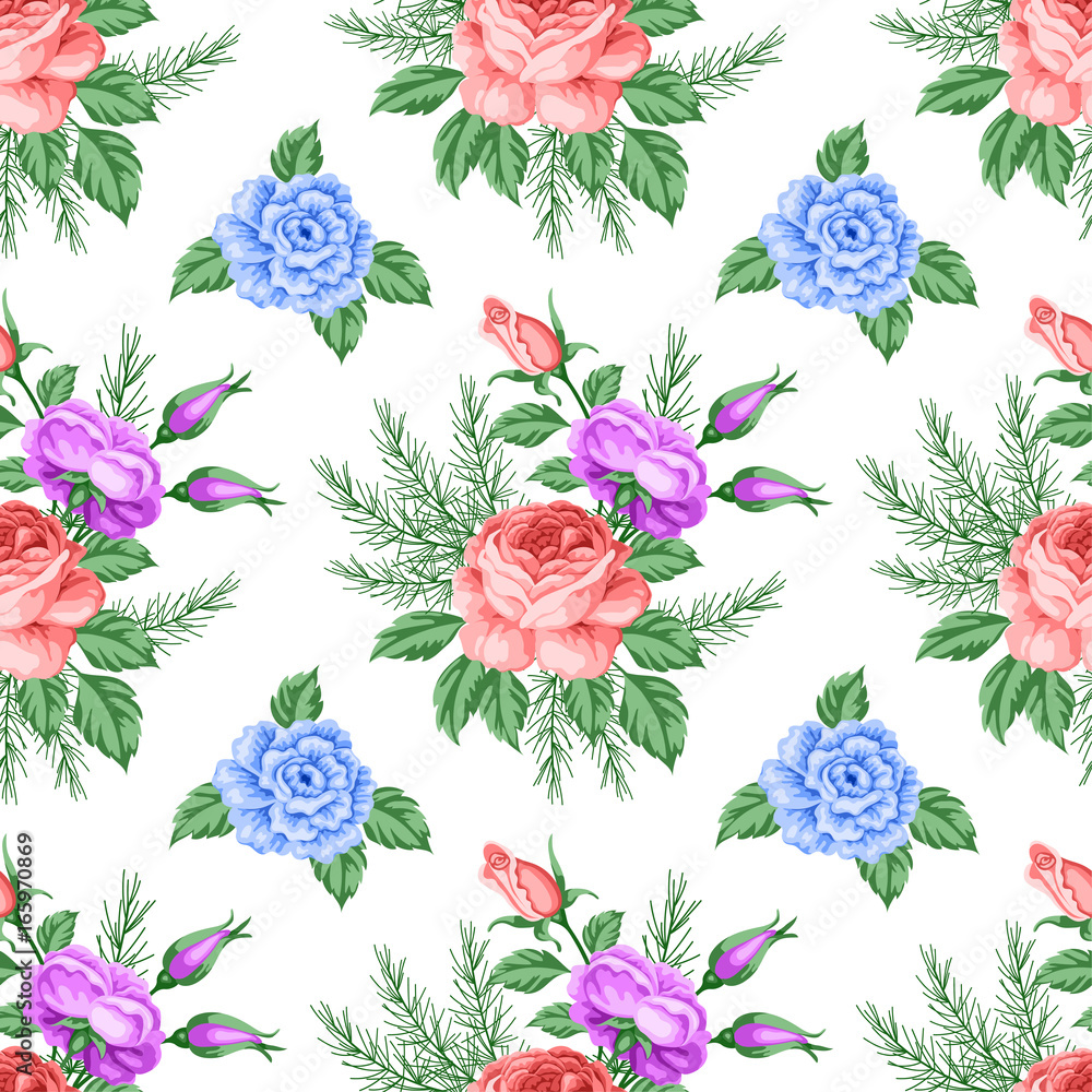 Seamless pattern with roses and flowers. Vector Illustration in retro style