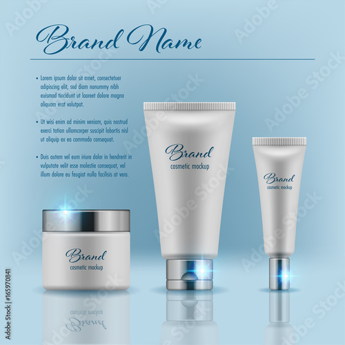 Set of cosmetic products on blue background. Packaging template. Vector illustration