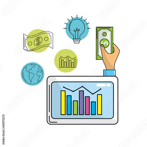business statistics bar inside computer and cash money
