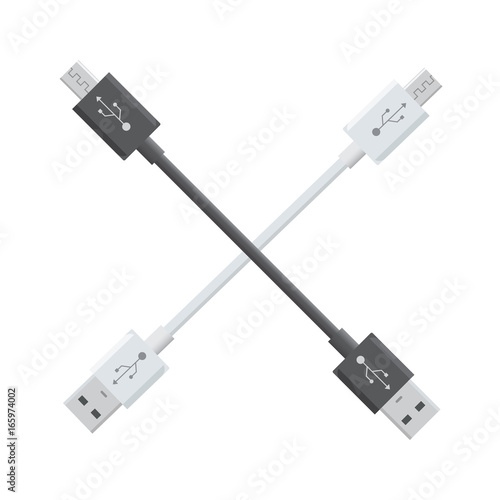 USB Micro cables isolated on white background. Connectors and sockets for PC and mobile devices. Computer peripherals connector or smartphone recharge supply