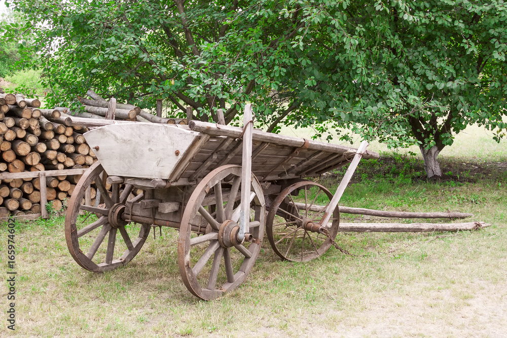 Old Wooden Wagon in the Village.
