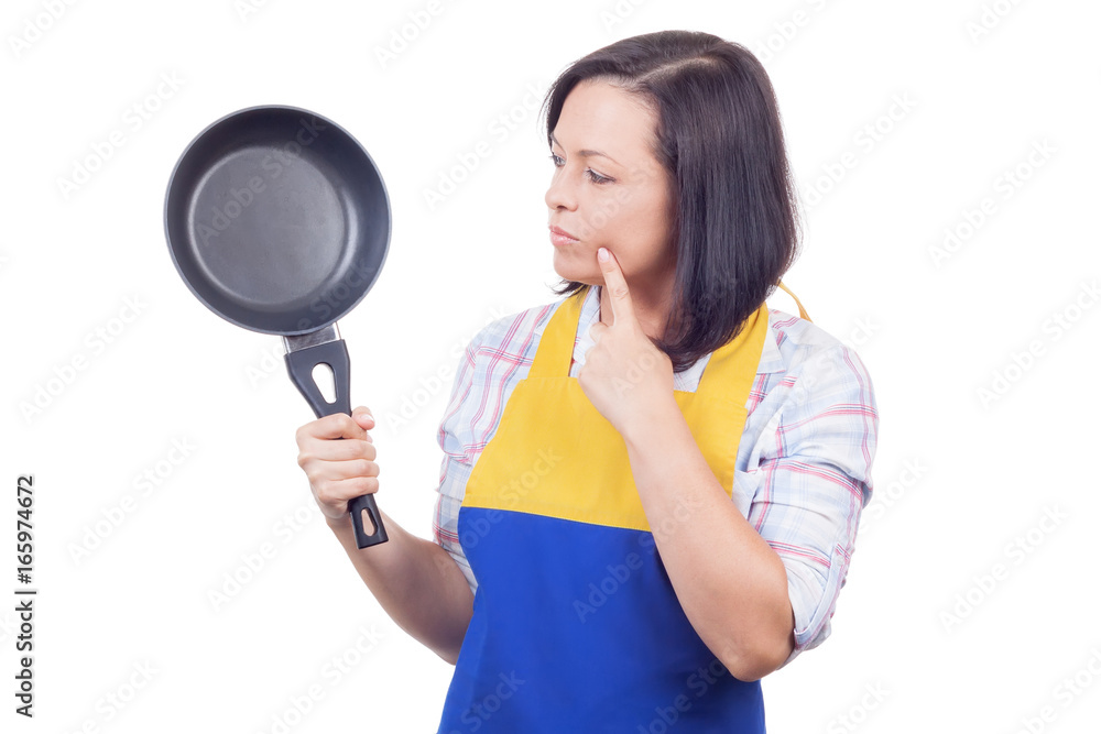 Beautiful Young Woman with Frying Pan Thinking What to Prepare for Dinner Beautiful Young Woman with Frying Pan Thinking What to Prepare for Dinner