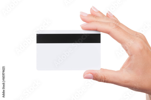 Woman Hand Holding White Blank Credit Card.