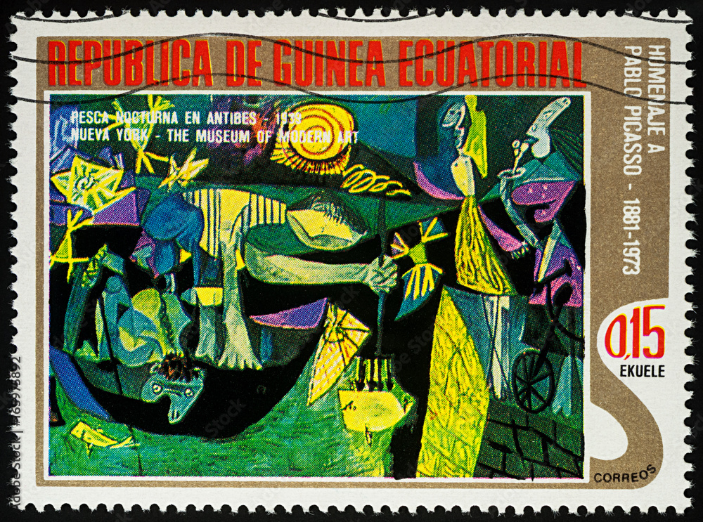 Obraz Malarstwo Rybak w nocy z Antibes przez Picasso na znaczku pocztowym