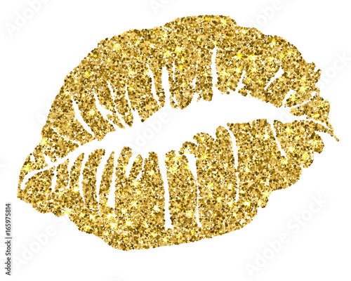 Female gold glitter lipstick kiss isolated on white background.