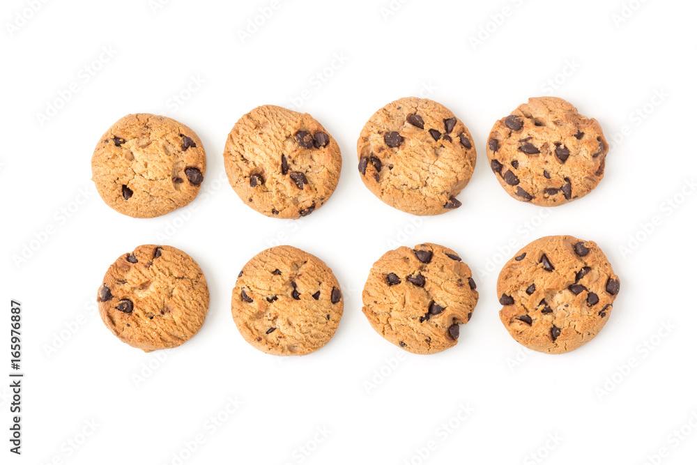 homemade chocolate chips cookies on white in top view homemade chocolate chips cookies on white in top view