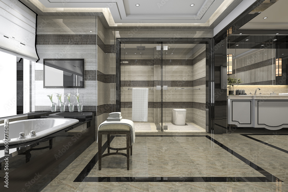 3d rendering modern loft bathroom with luxury tile decor 3d rendering modern loft bathroom with luxury tile decor