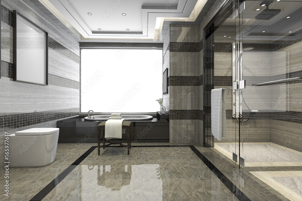 3d rendering modern loft bathroom with luxury tile decor 3d rendering modern loft bathroom with luxury tile decor