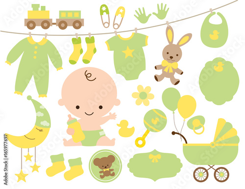 Cute baby and baby items in green and yellow vector illustration set.