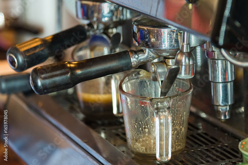 Espresso coffee machine, glassware coffee preparation.selective focus.