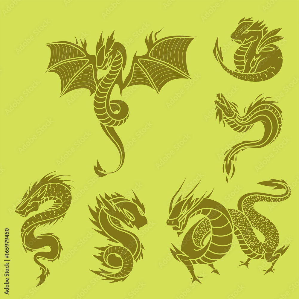 Fototapeta premium Chinese dragon silhouettes tattoo mythology tail monster magic icon asian animal art vector illustration.