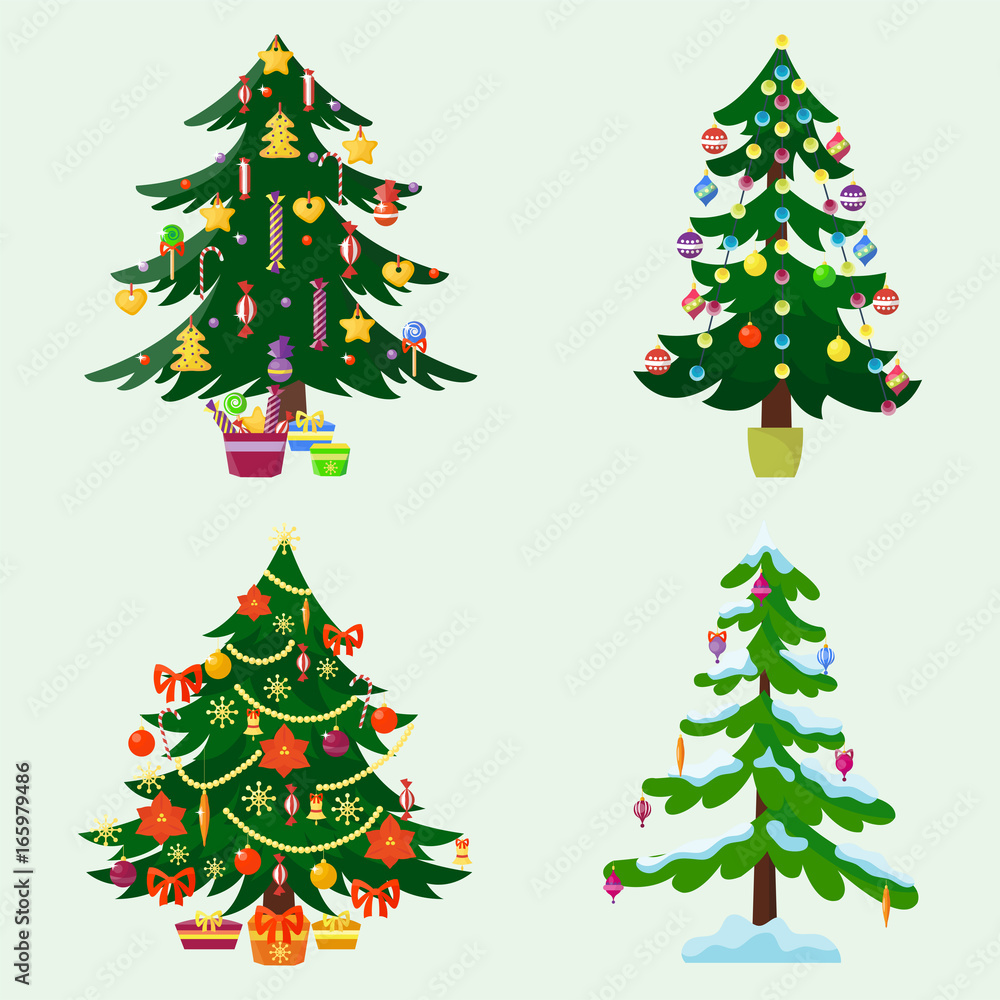 Pine tree cartoon green vector winter holiday needle leaf trunk fir plant natural design illustration