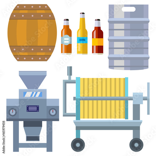 Beer brewing process alcohol factory production equipment mashing boiling cooling fermentation vector illustration.