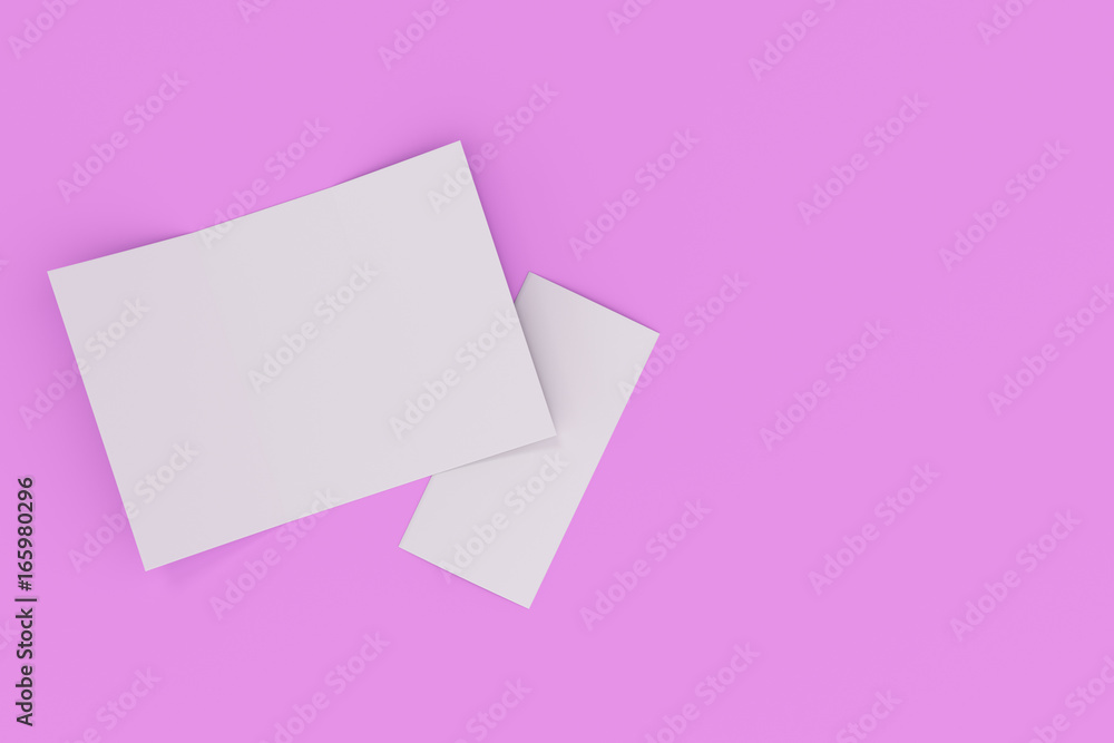 Blank white open three fold brochure mockup on violet background Blank white open three fold brochure mockup on violet background