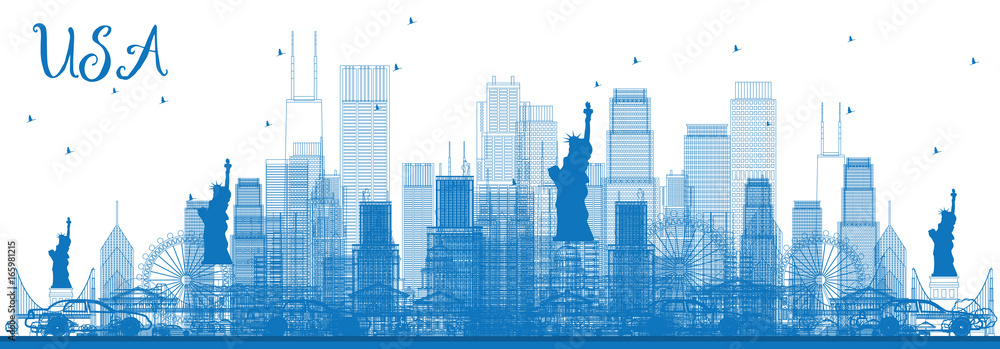 Outline USA Skyline with Blue Skyscrapers and Landmarks.