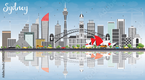 Sydney Australia Skyline with Gray Buildings, Blue Sky and Reflections.